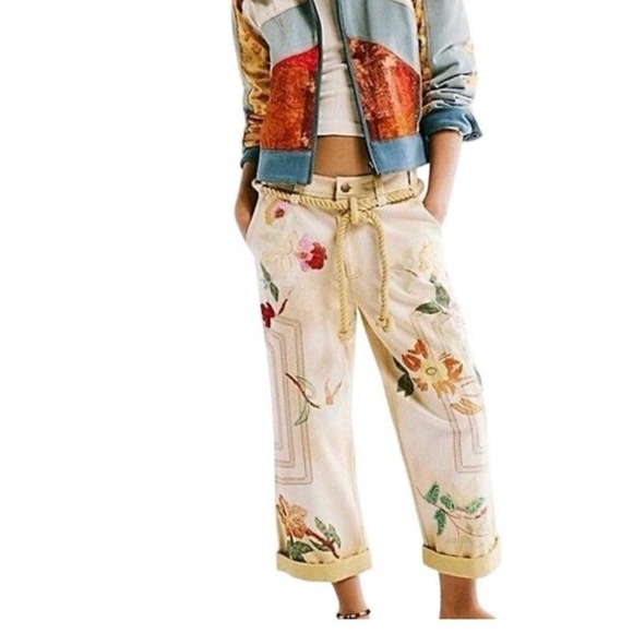 Free People Electric Sands Embroidered Pants We The Free Floral Sunshine Sz4 NWT - Picture 1 of 13
